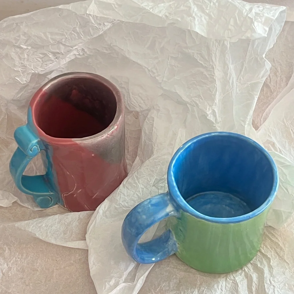 Handmade 2 Ceramic Pottery Mugs, Well Crafted Set, Unique, Absolutely Beautiful